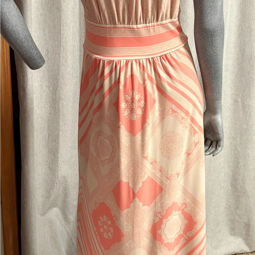 London Times Sleeveless Maxi Halter Dress Orange/Cream Resort Wear Wedding Fall - Image 5