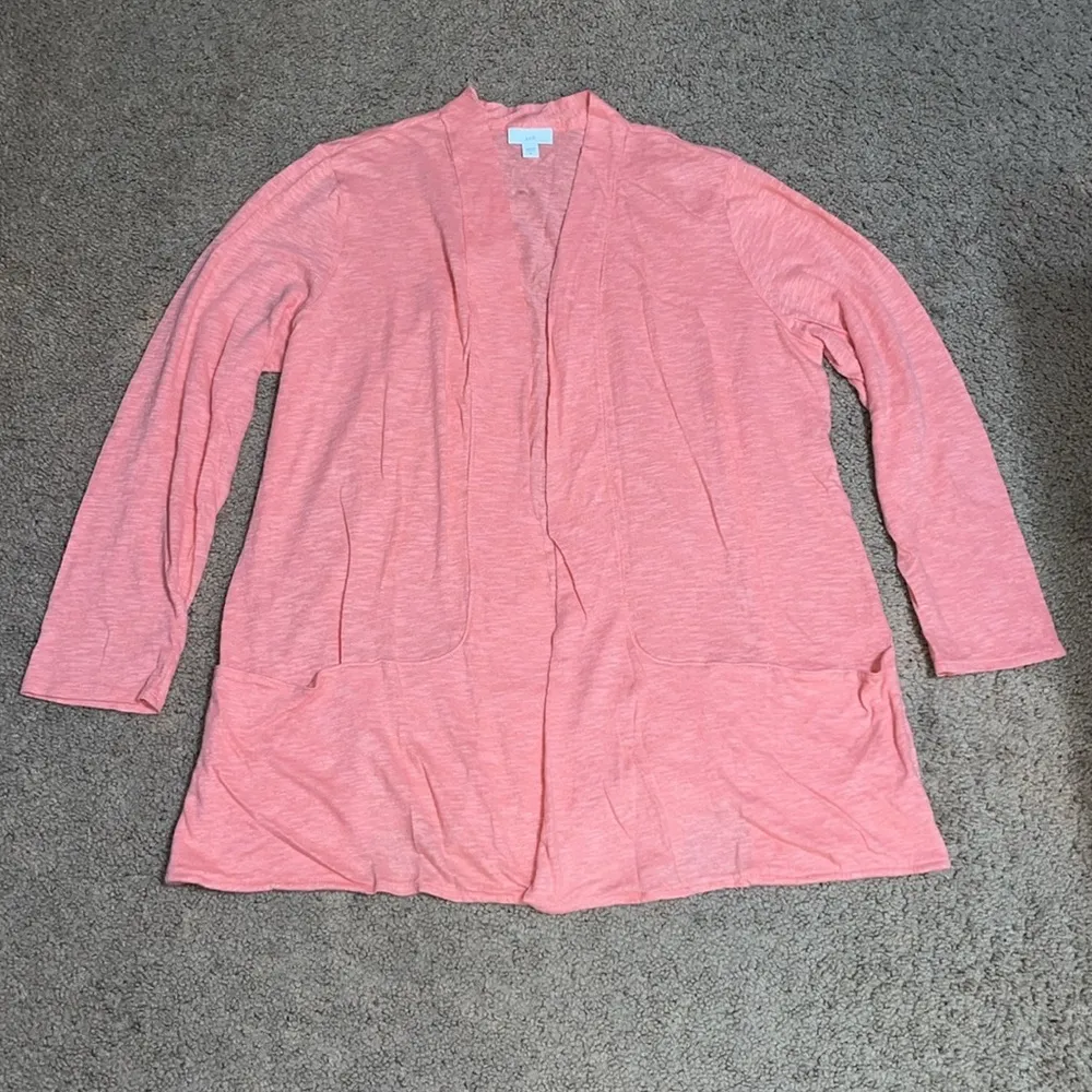 J. Jill Lightweight Open Slub Knit Cardigan Linen Cotton Blend Grapefruit XL Orange - Image 2