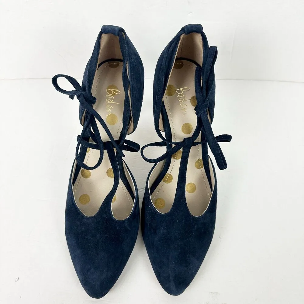 Boden Suede Leather Heels Size 38 US 7 Navy Blue T Strap Bow Tie Detail 3.5 Heel - Image 6