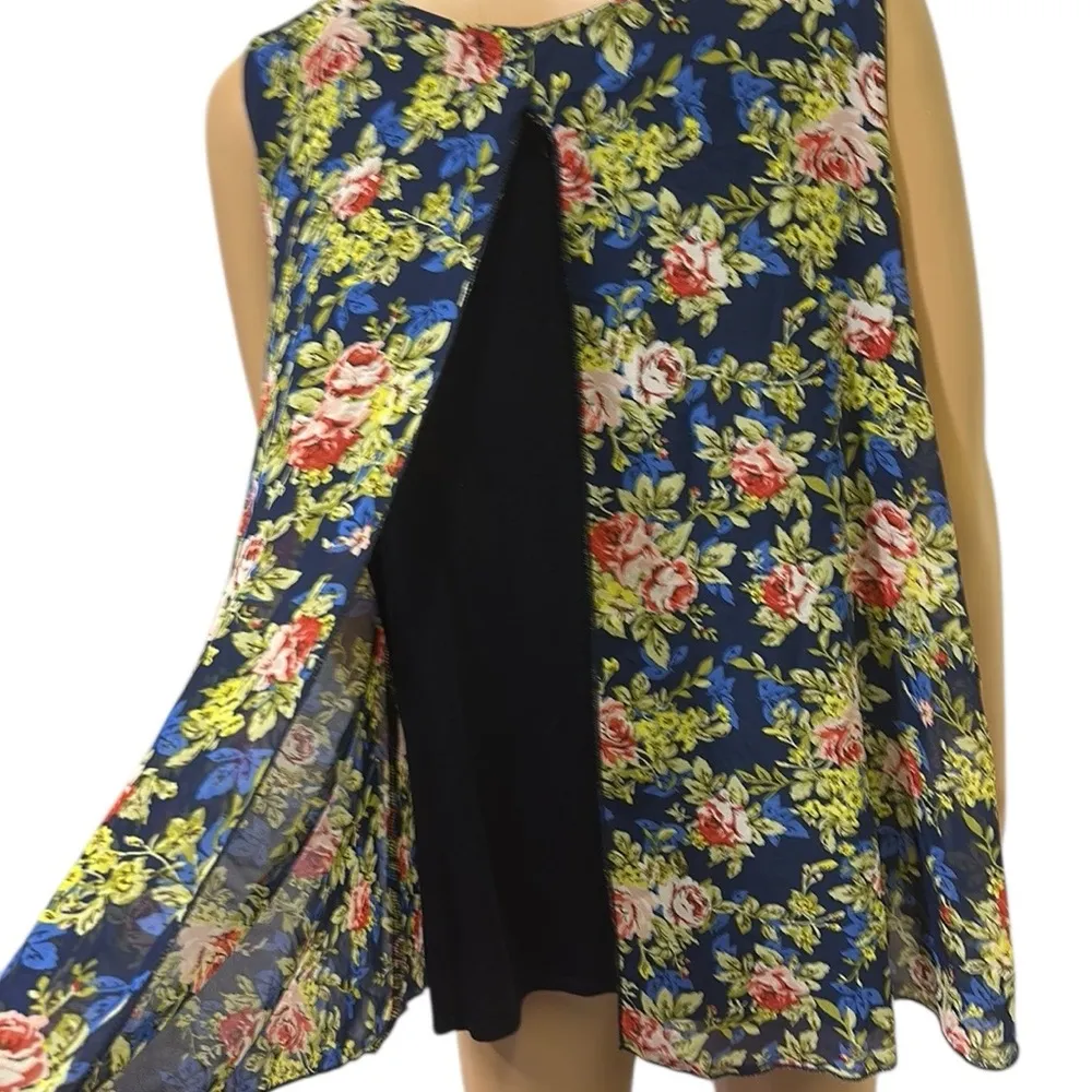 Lavish Blue Green Floral Layered Open Front Swing Top Sleeveless Blouse Size XL - Image 7