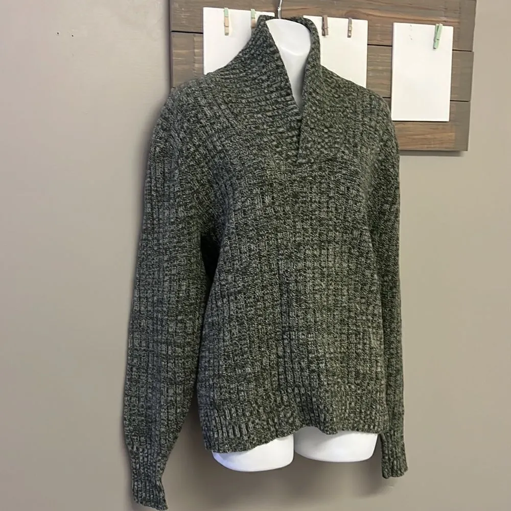 Lambs Wool Blend Heather Green Long Sleeve Cable Knit Cross Cowl Neck Sweater-PL - Image 3