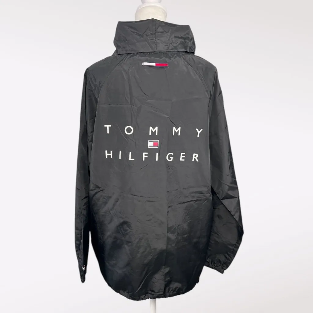 Tommy Hilfiger Black Windbreaker Jacket Spell Out Logo Nylon Pullover 90s Small - Image 5