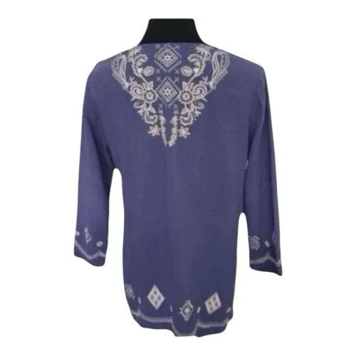 Blue Linen Cardigan Women Size S Floral Embroidered Casual Summer Open-Front - Image 3