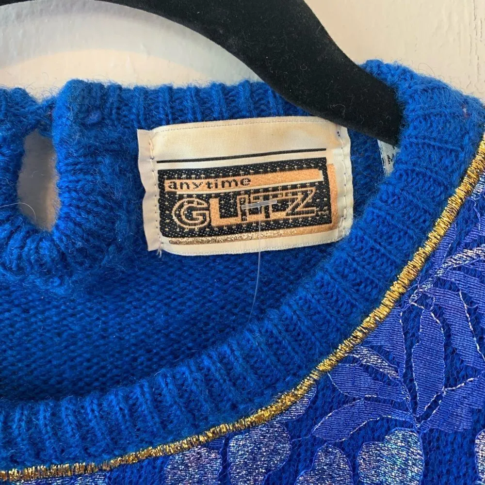 Vintage Anytime Glitz blue and gold 80s‎ embellished sweater size L Blue Size L - Image 3