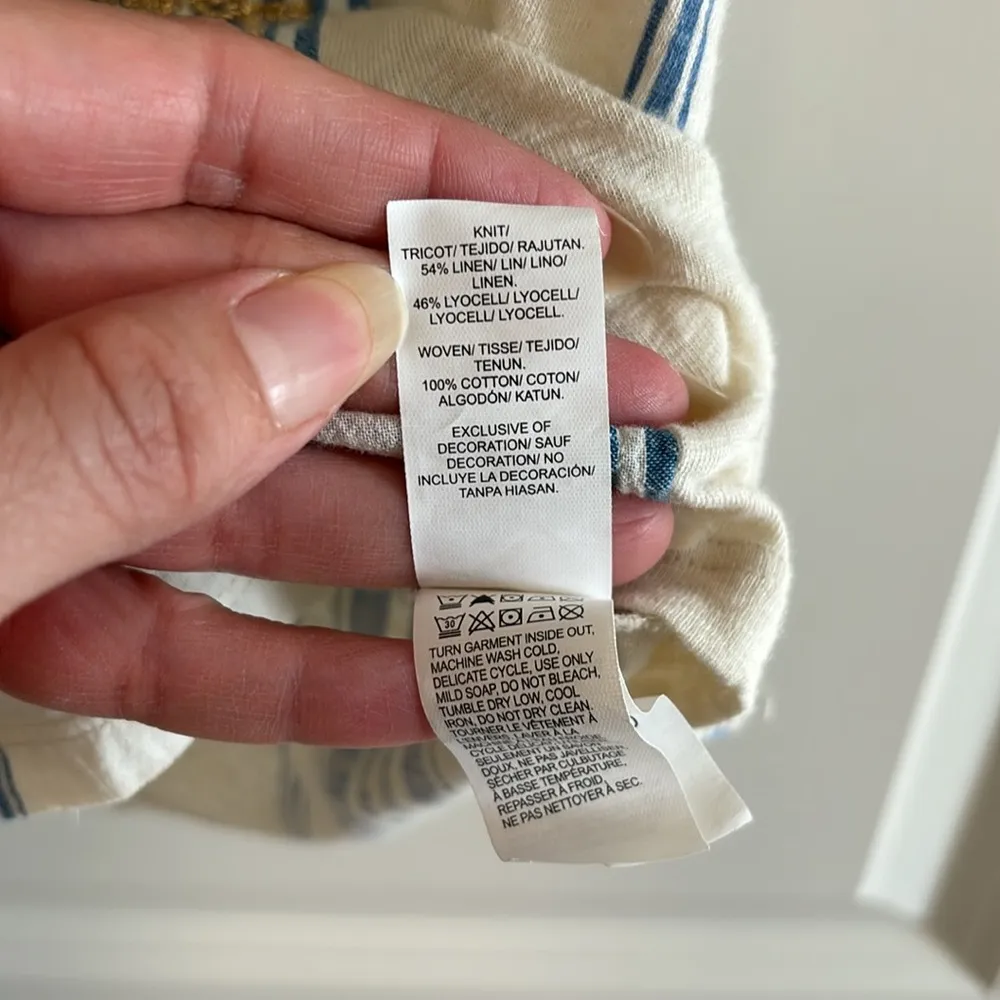 Lucky Brand Linen Top Color Cream w/ Blue Vertical Stripes & Gold Embroidery XS - Image 3