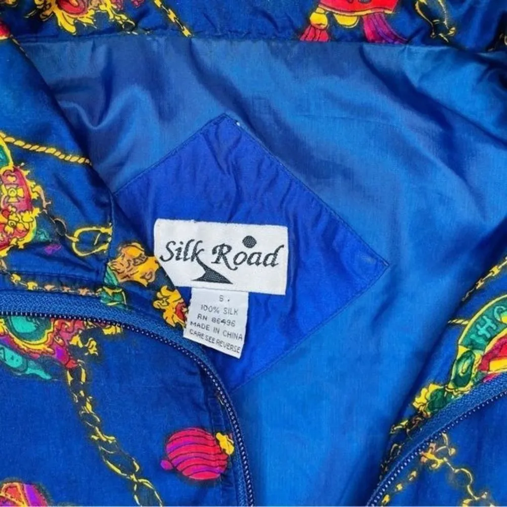 Vintage Silk Road zip up coat silk royal blue cardigan jacket size small Red - Image 3