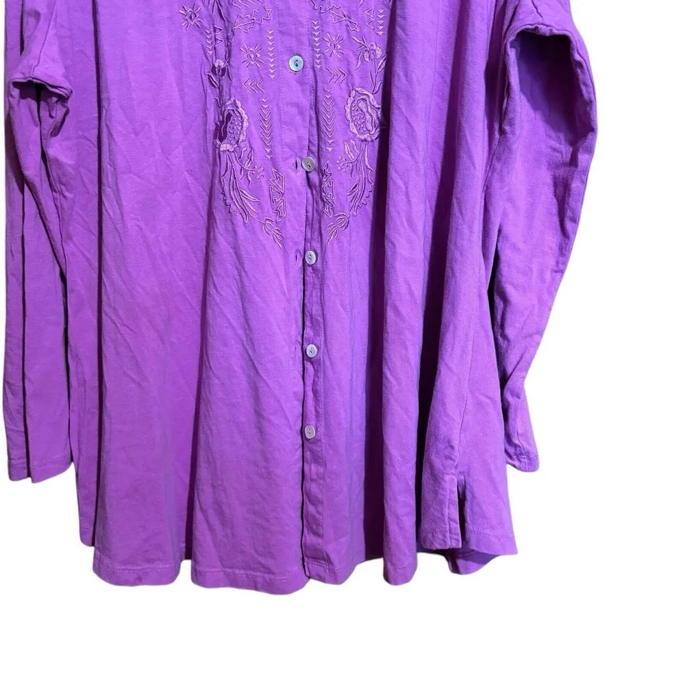 Woman Within Top Womens 22 24 1X Pink Floral Embroidered Stretch Button Blouse - Image 4