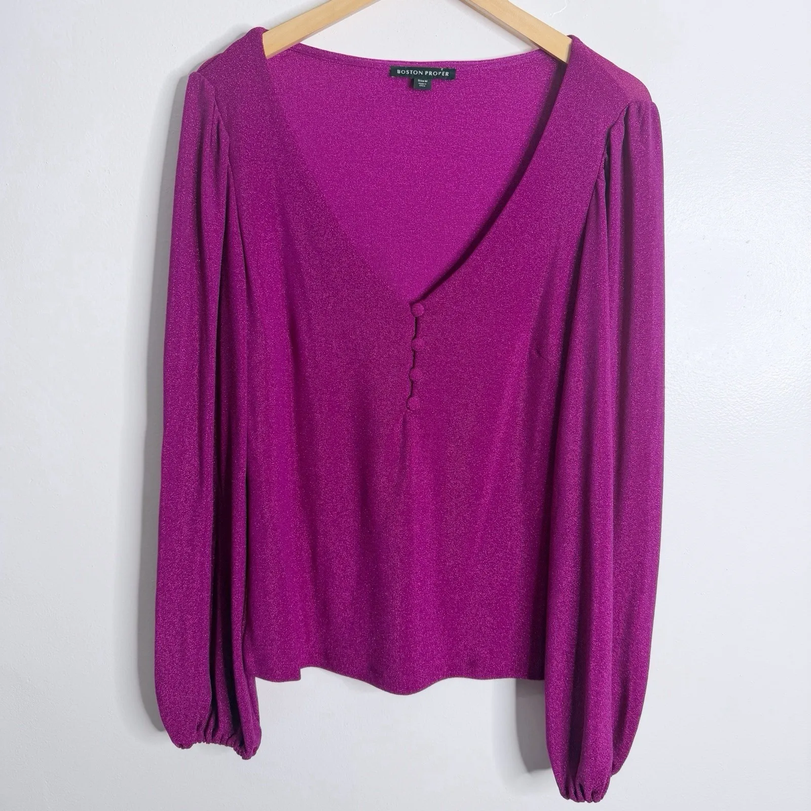 Boston Proper Metallic Henley Knit Top Magenta Medium Stretch - Image 2