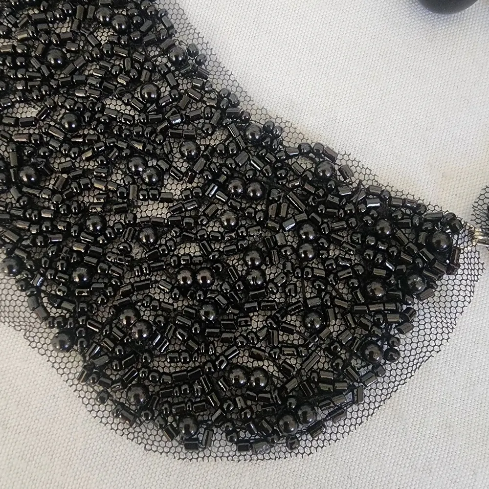 Black Beaded Collar Necklace with Black Glass Bead Earrings - Image 2