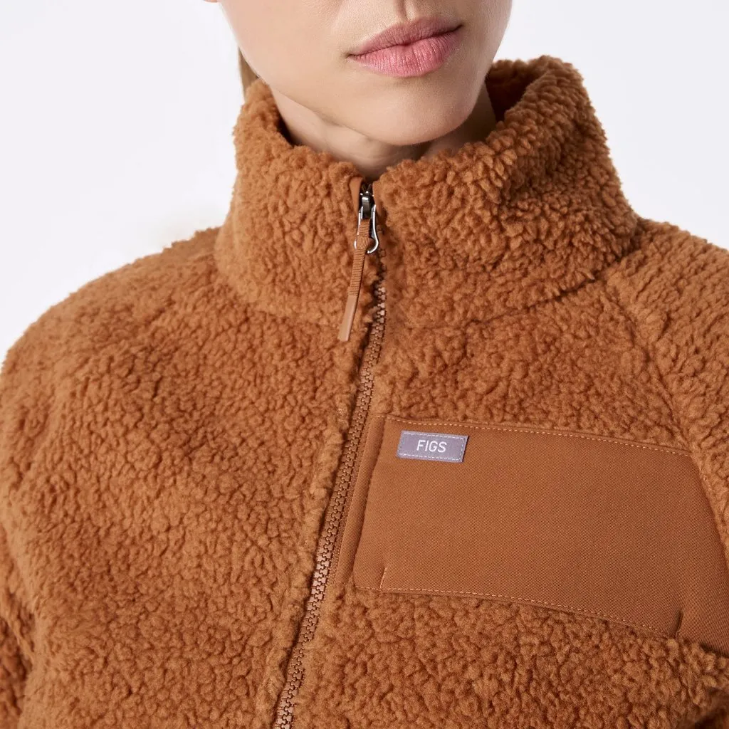 Figs On-Shift High Pile Fleece Bomber Jacket in Mocha, Size XXS - Image 3