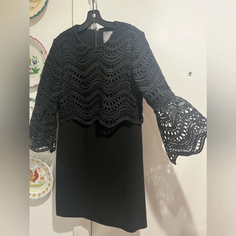 NEW Lela Rose Couture Black Dress with Lace Overlay and Sleeves Size 8 - Image 4