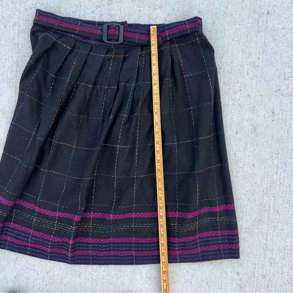 Vintage 80s Blvd East Black Plaid Skirt Neon Pink Purple Belted Pleat Wool Blend Size XXL - Image 12