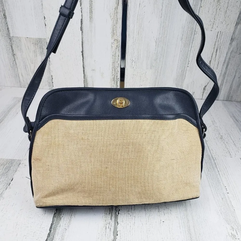 Etienne Aigner Beige Canvas Navy Blue Faux Leather Shoulder Purse Women's Bag - Image 2