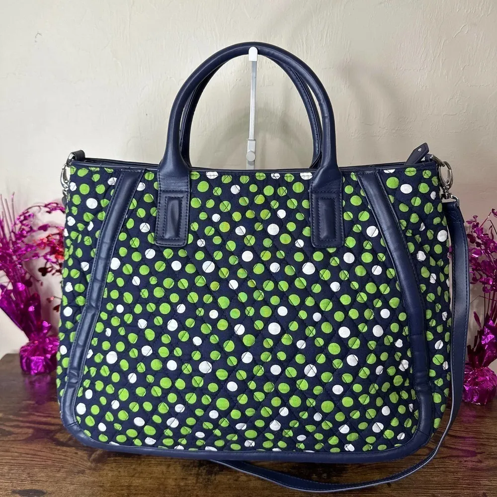 VERA BRADLEY Lucky Navy. Green, and White Dots Trimmed Satchel Tote with strap - Image 2
