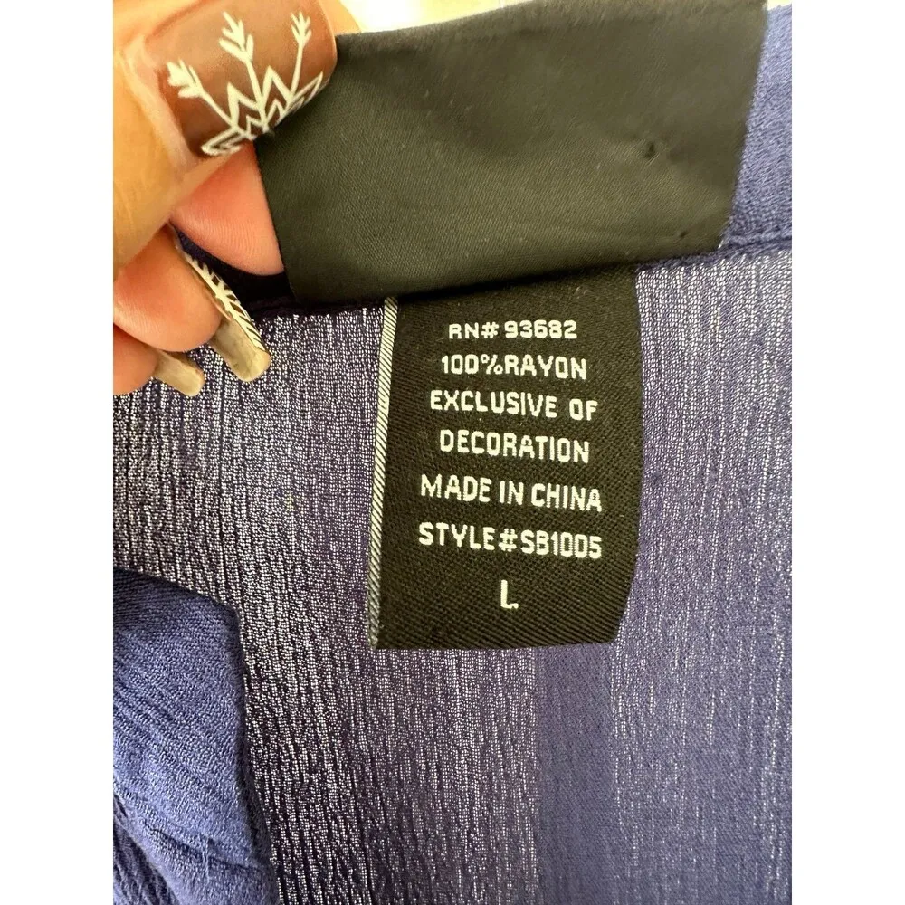 Liv Los Angeles Semi Sheer Embroidered Wide Sleeve Button Front Tie Blouse L Blue Size L - Image 7