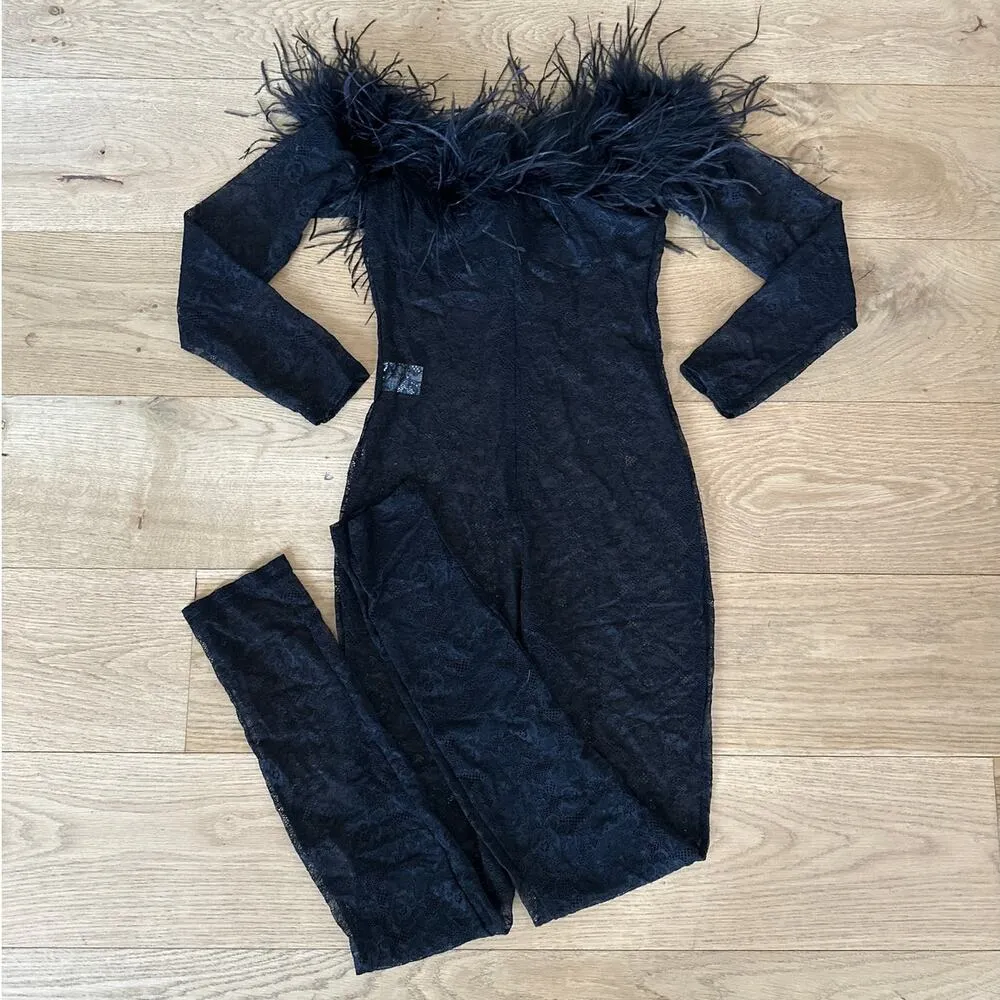 AKIRA - Big Love Lace Jumpsuit with Feather Trim in Black - Image 5