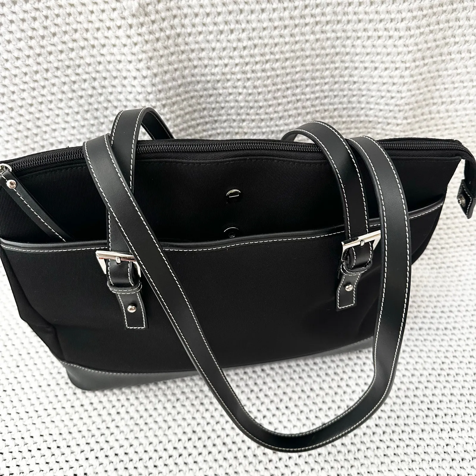 Etienne Aigner Black Nylon Fabric Leather Trim Structured Shoulder Briefcase Bag - Image 6