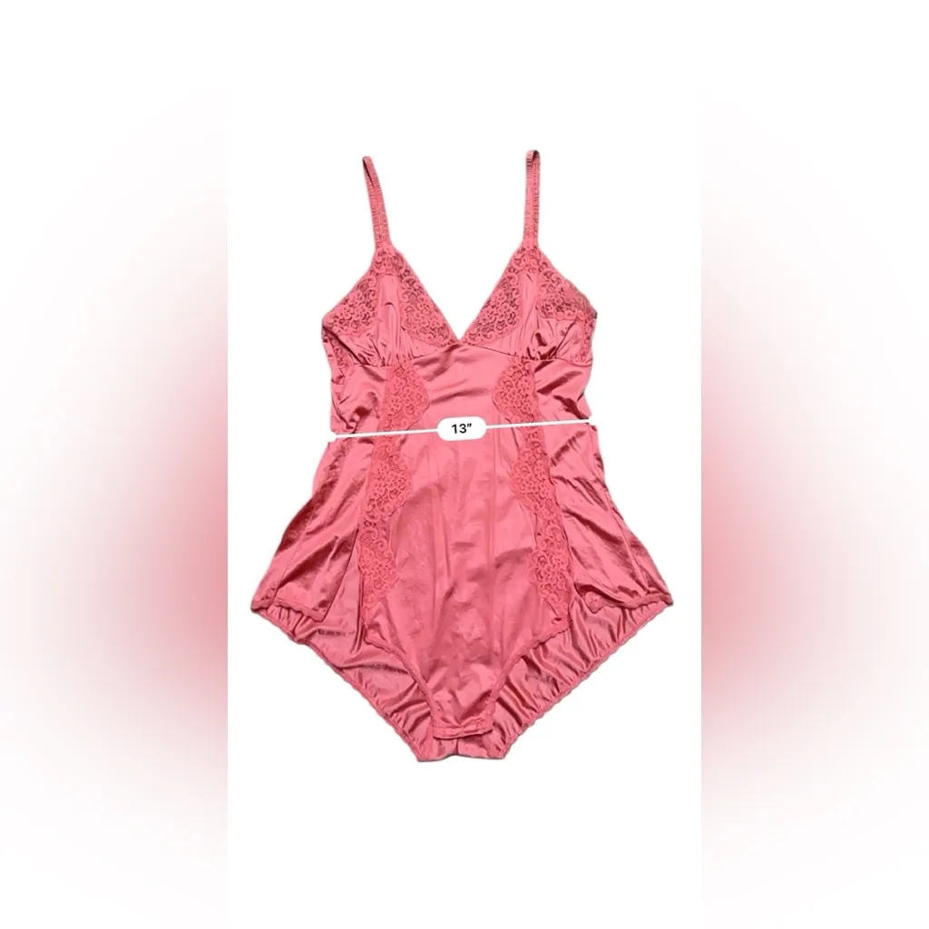 Vintage 80s Blush Nylon Satin Lace Coral Teddy Made In USA Size Large Lingerie - Image 7