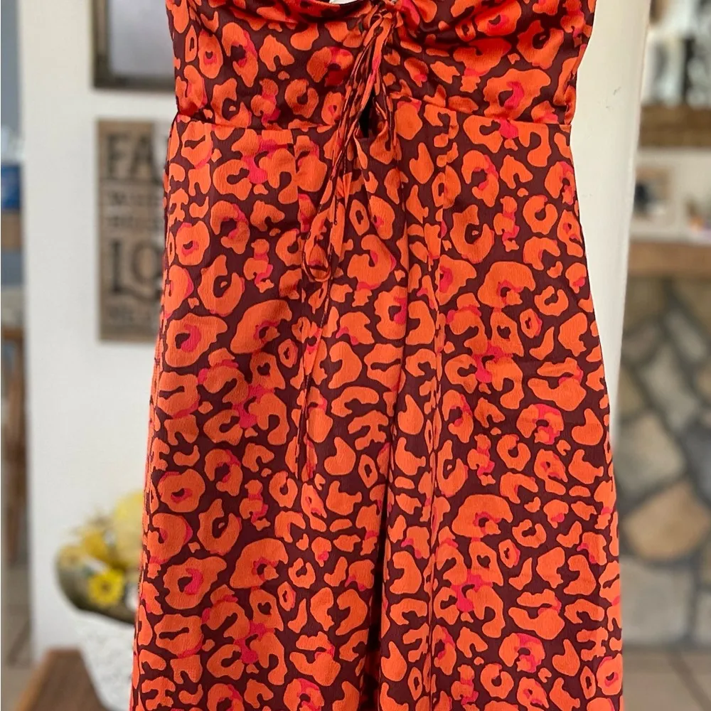 Cupshe Sun Dress 6 Midi Spaghetti Strap Adjustable Leopard Maroon Side Slit Zip - Image 7