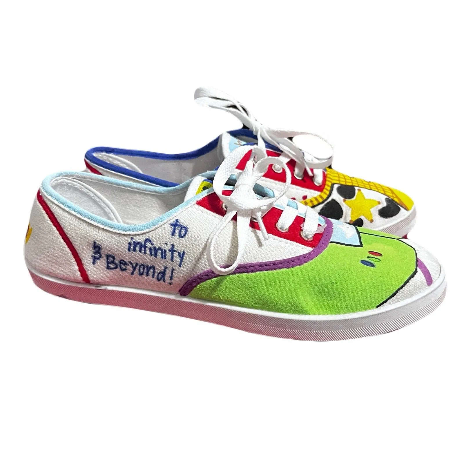 Custom Hand Painted Toy Story Inspired Canvas Sneakers Woody Buzz Women's Size 9 White - Image 2