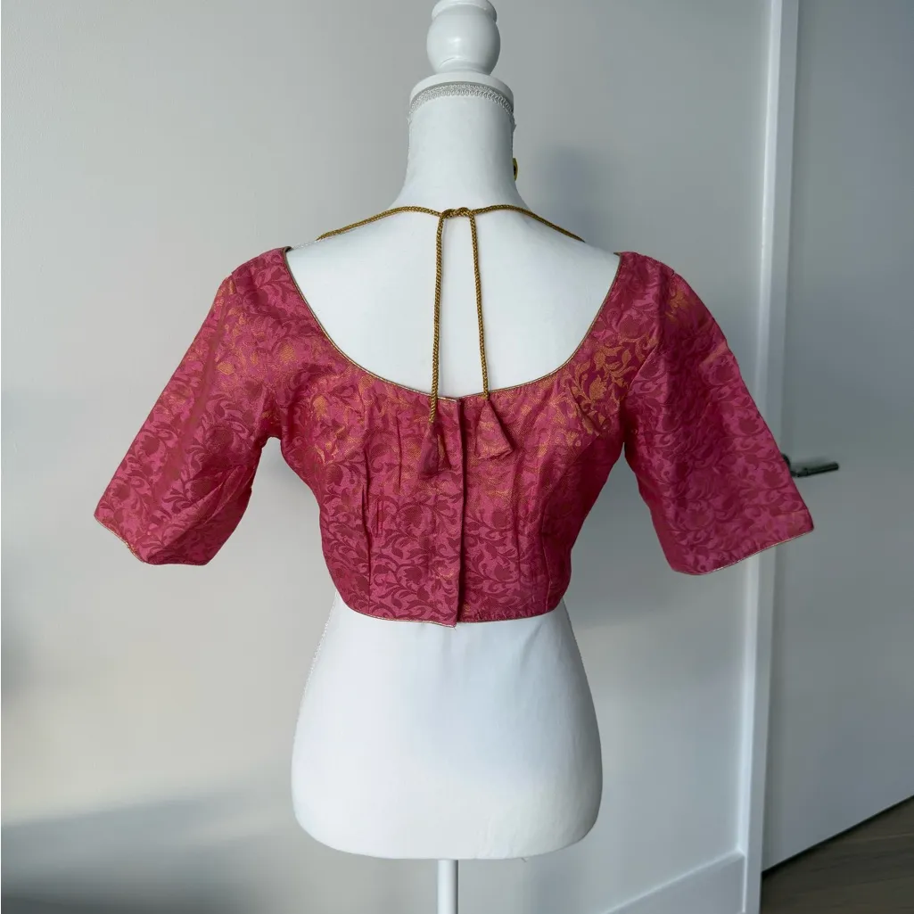 Pink & Gold Indian Wear Brocade Choli (Crop Top) 3/4 Sleeve - Image 3