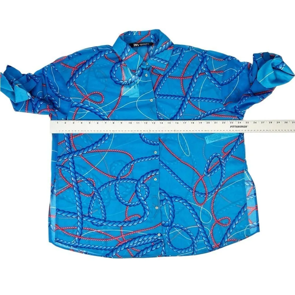 ZARA  Blue Nautical Rope Oversized Button Down Collared Blouse Size Medium - Image 8