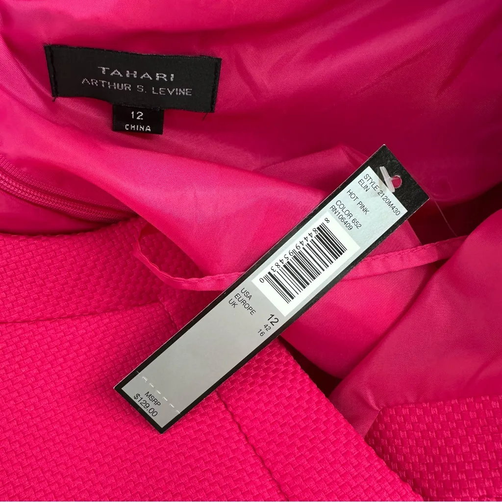 Tahari Hot Pink Sleeveless Textured Woven Sheath Dress size 12 Notched V Neck - Image 8