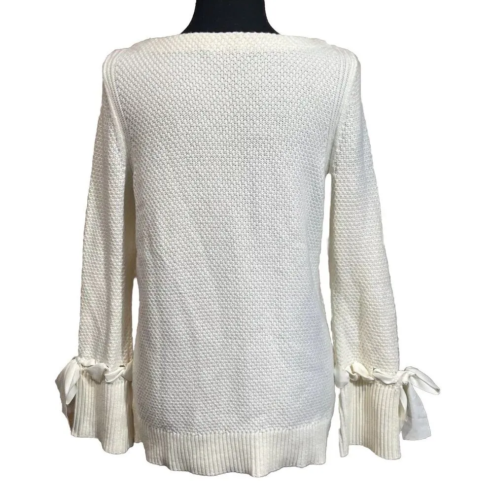 Talbots MP Lambswool Blend Ivory Pullover Sweater Ribbon Bow Sleeved Artsy - Image 5
