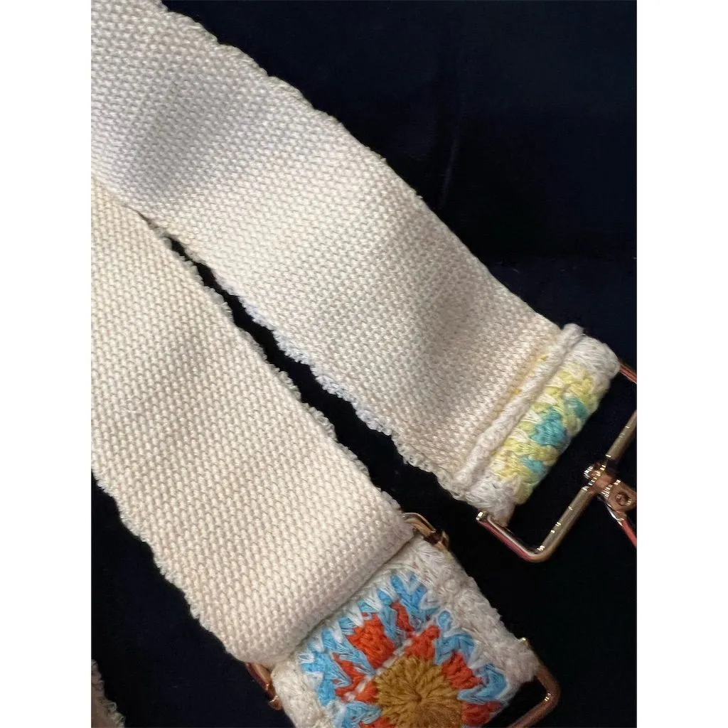 Boho Embroidery Multicolor Crochet Flower Adjustable Purse Strap White - Image 6