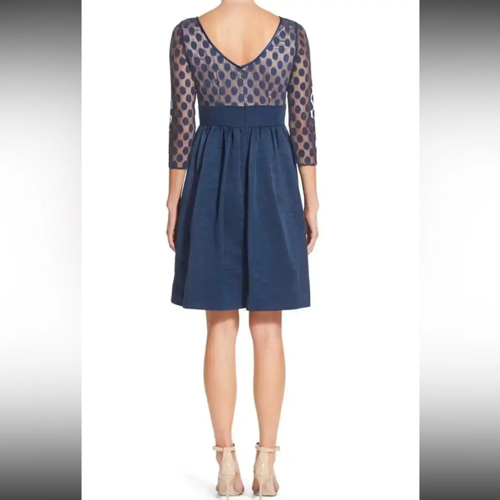 Eliza J Dark Blue Dot Mesh Bodice Fit & Flare Cocktail 3/4 Sleeve Mini Dress 14‎ - Image 2