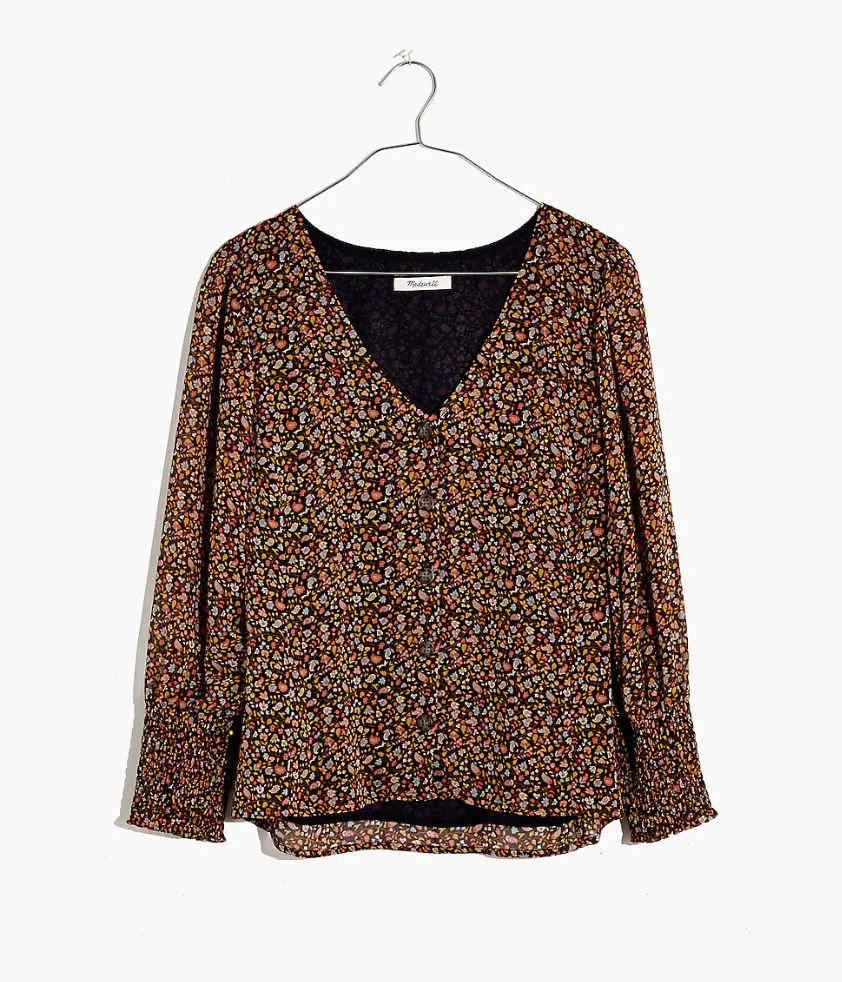 Georgette Smocked-Cuff Button-Front Shirt in Folktale Paisley 00 - Image 5