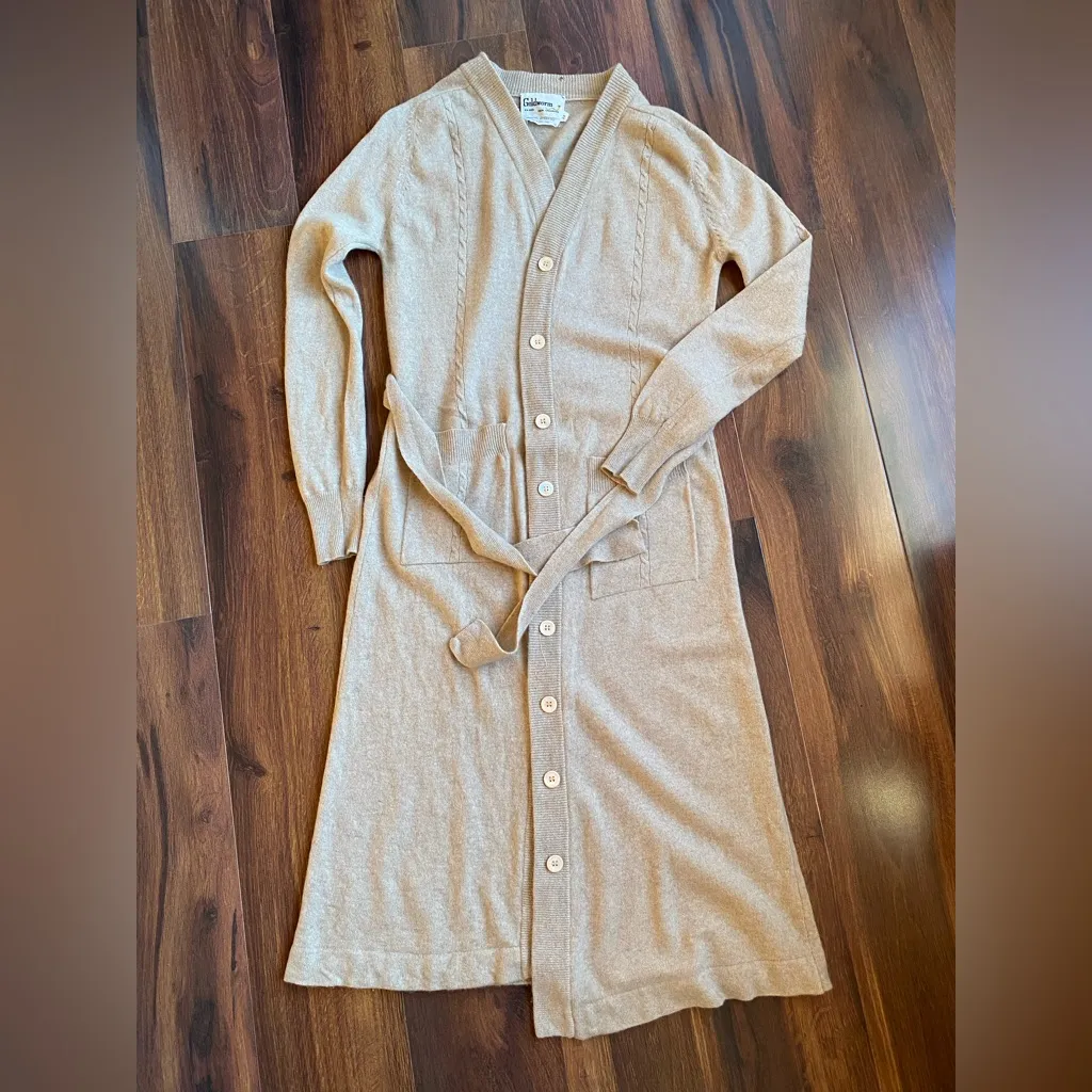 VTG 70s Goldworm 100% Cashmere Full Button Belted Robe Dress Camel Cable Knit Tan Size M - Image 2