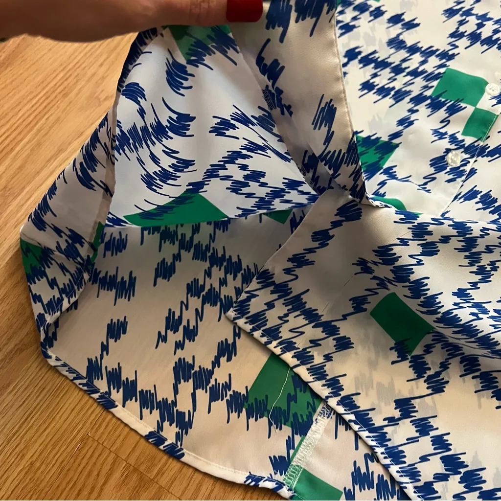 Saved By The Bell Style Women’s 80’s Button Up Retro Print Sheer Collared Blue Size undefined - Image 5