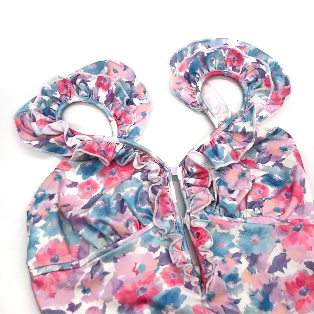 LOVESHACKFANCY Tibbie One-Piece Swimsuit Watercolor Floral Pastel S - Image 4