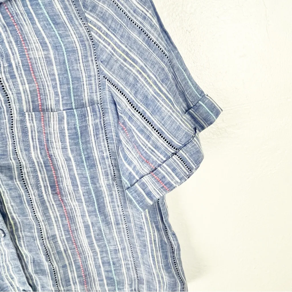 PARKER 100% Linen Striped Shirt Sleeves Three Button Chest Pocket Boxy Top Small - Image 8