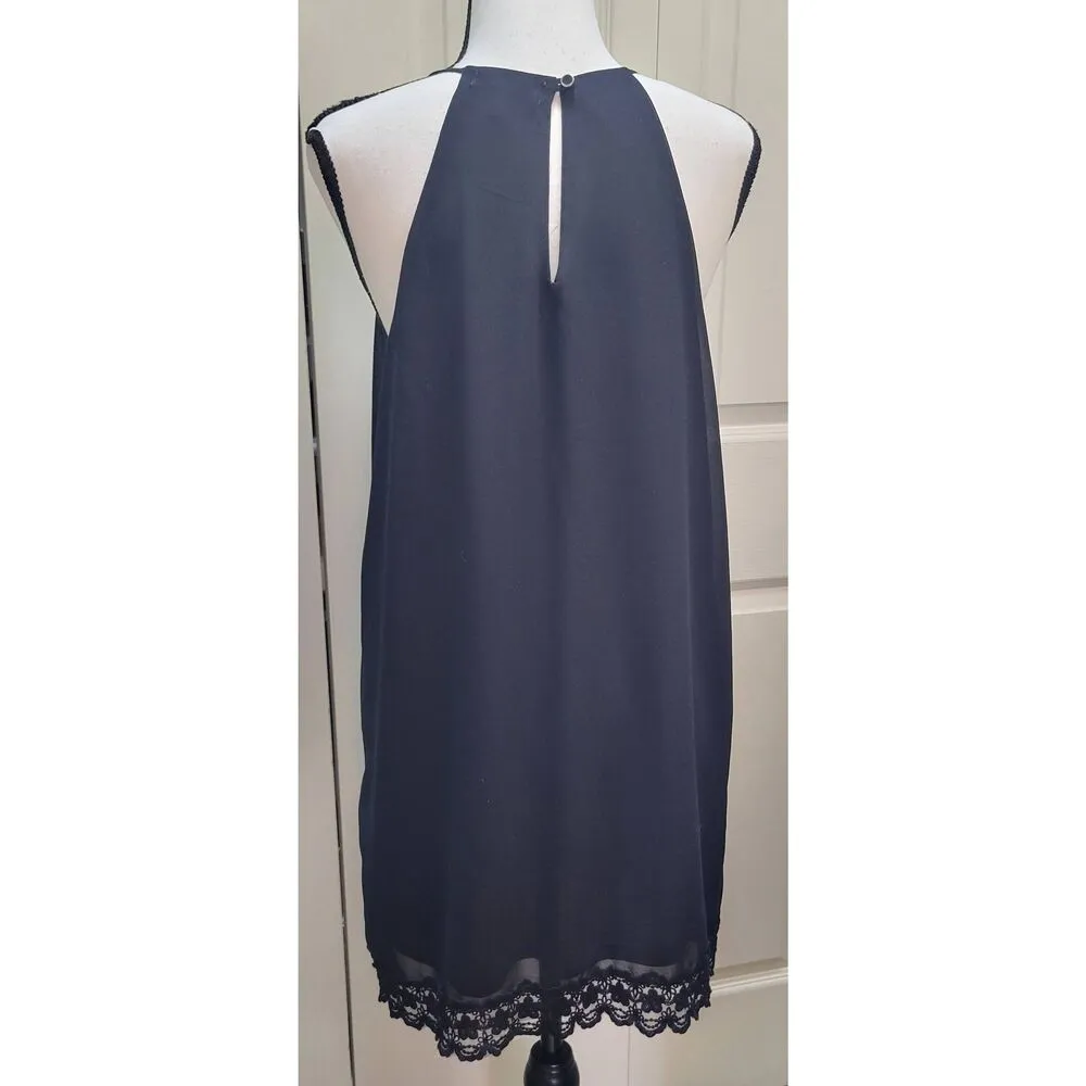 Monteau Sz L Sleeveless Black Dress Fully Lined Scalloped Lace Hem, Button Back - Image 4