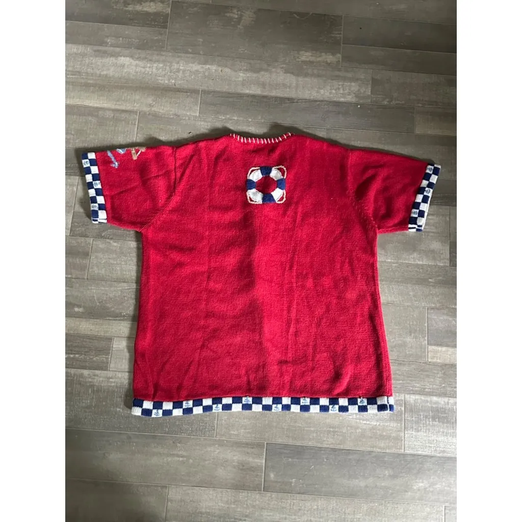 Quacker Factory  Nautical Knit Sweater button Cardigan Red L lighthouse boat - Image 13