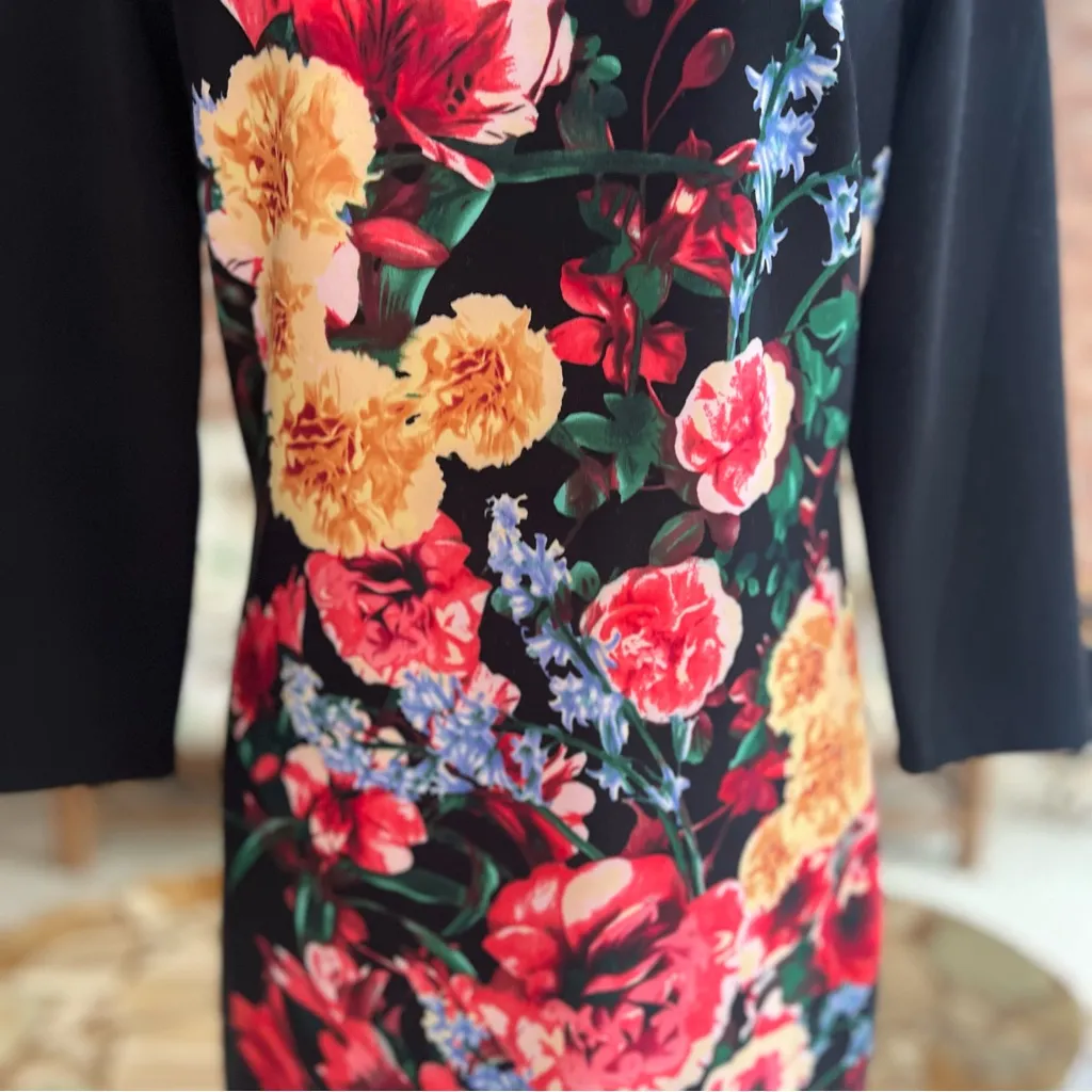ECI Dress Black Floral Ponte Knit 6 Sheath Pencil Cocktail Garden Party Chic Mod - Image 5