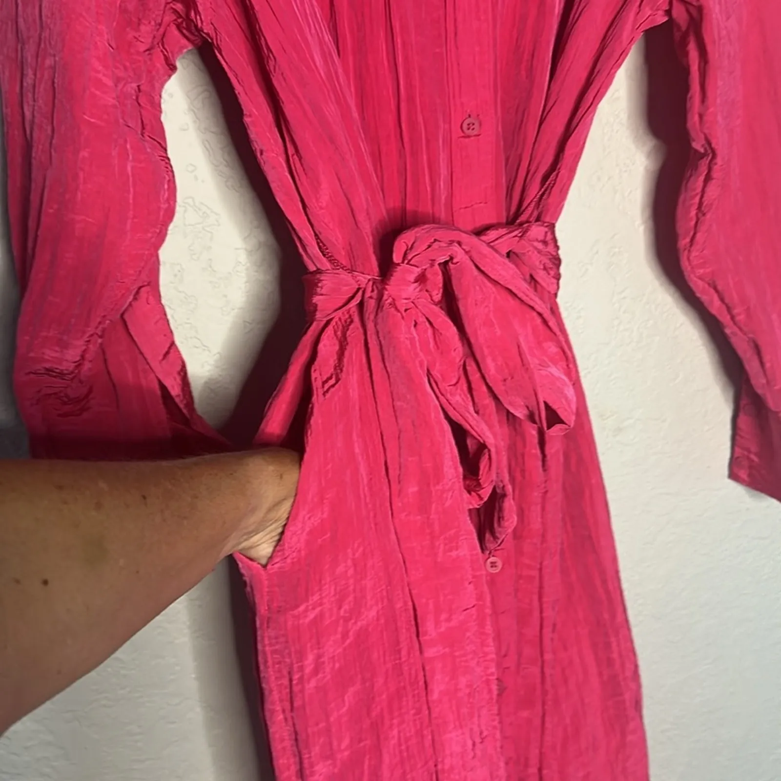 Express Portofino Hot Pink Poplin Shirt Dress Midi Belted Pockets Valentines - Image 4