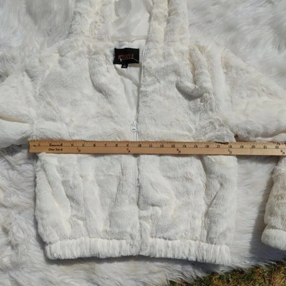 Ambiance Outerwear Size Small S White Faux Fur Cropped Zipper Jacket Hoodie - Image 3