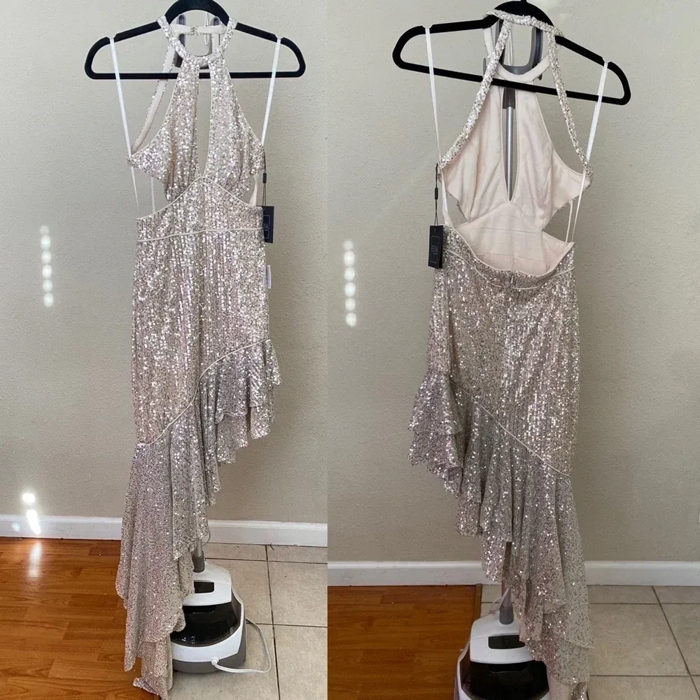 Ieena for Mac duggal sequined halter‎ cut out ruffle Asymmetrical dress in nude - Image 3