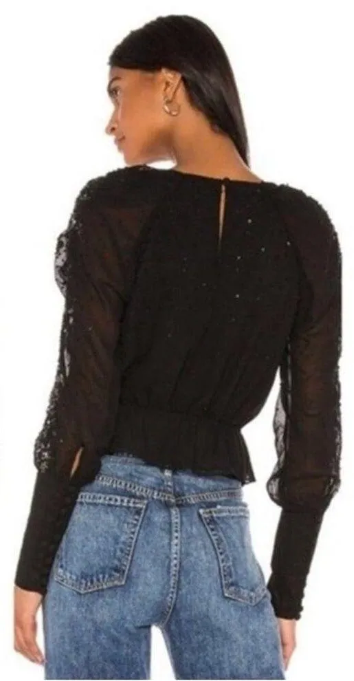 LPA Cara Embellished Sequin Blouse‎ Top Black Long Sleeves Women’s Size Small - Image 2