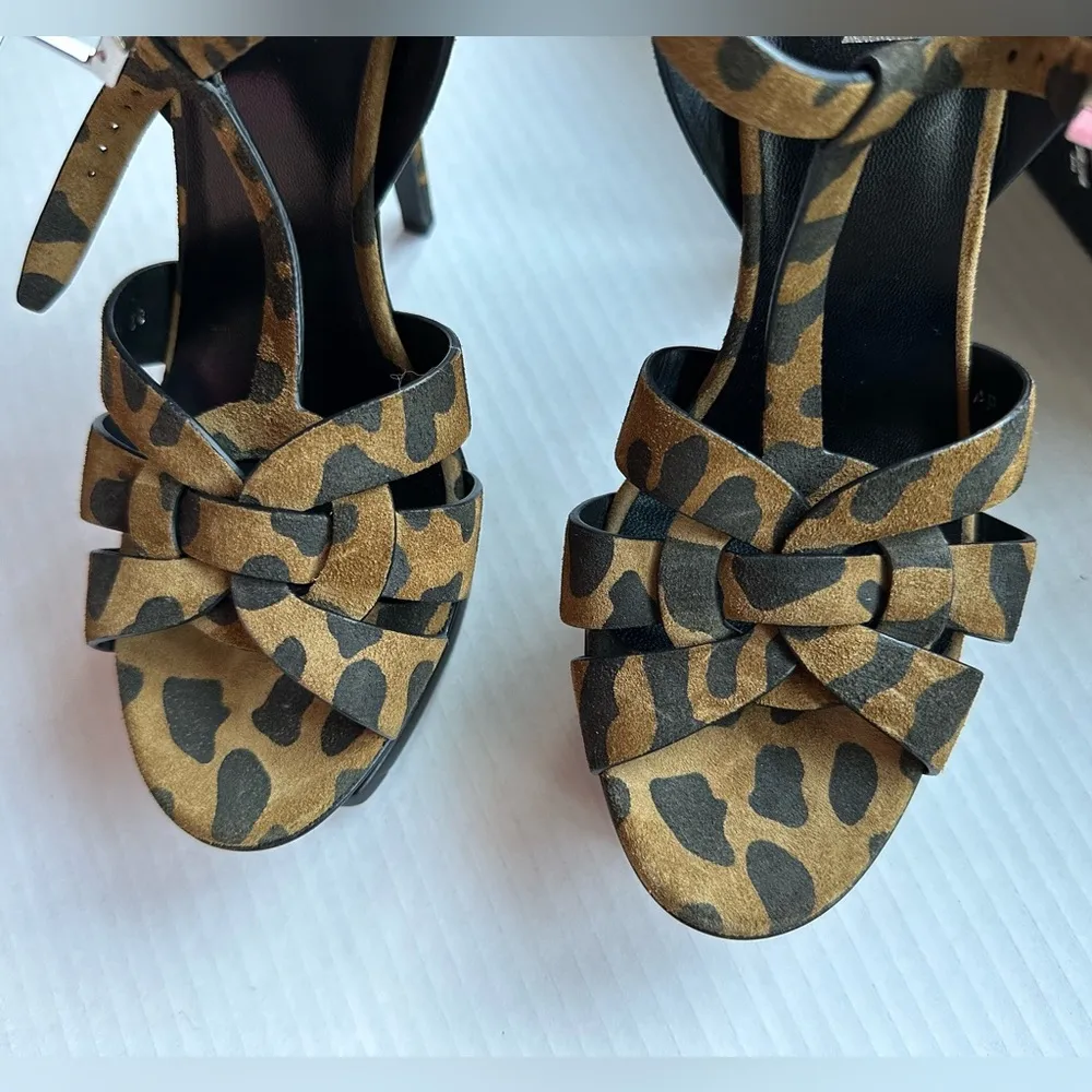 SAINT LAURENT Suade Leopard Print Tribute 105 Platform Sandals Size 8/38 NEW - Image 11