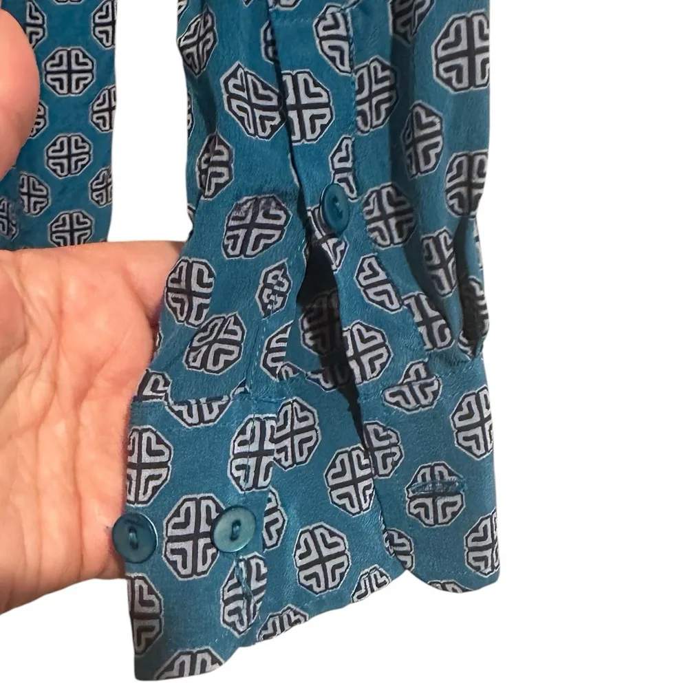 EQUIPMENT BLUE-GREEN PRINT BUTTON DOWN LONG SLEEVE ESSENTIAL SILK BLOUSE SHIRT - Image 3