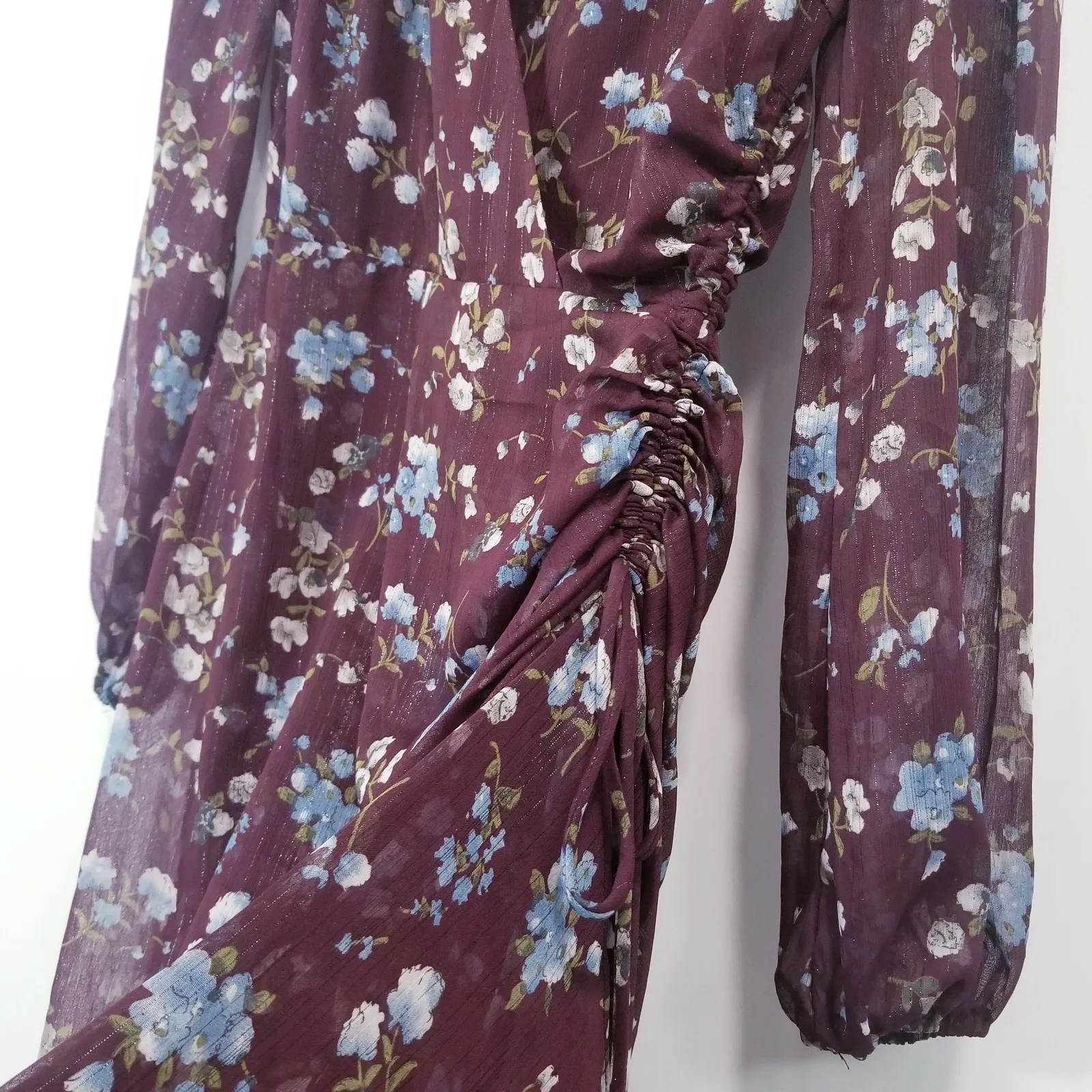 ASTR Floral V-Neck Maxi Dress Cinched Waist Ruched Long Sleeves Multicolor - Image 10