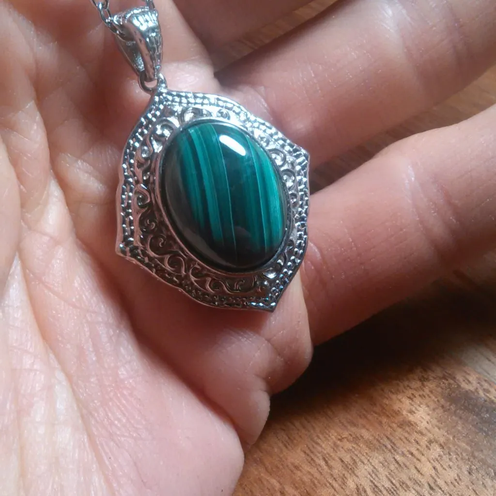 African Malachite Platinum Over Copper Pendant Stainless Steel Necklace - Image 11