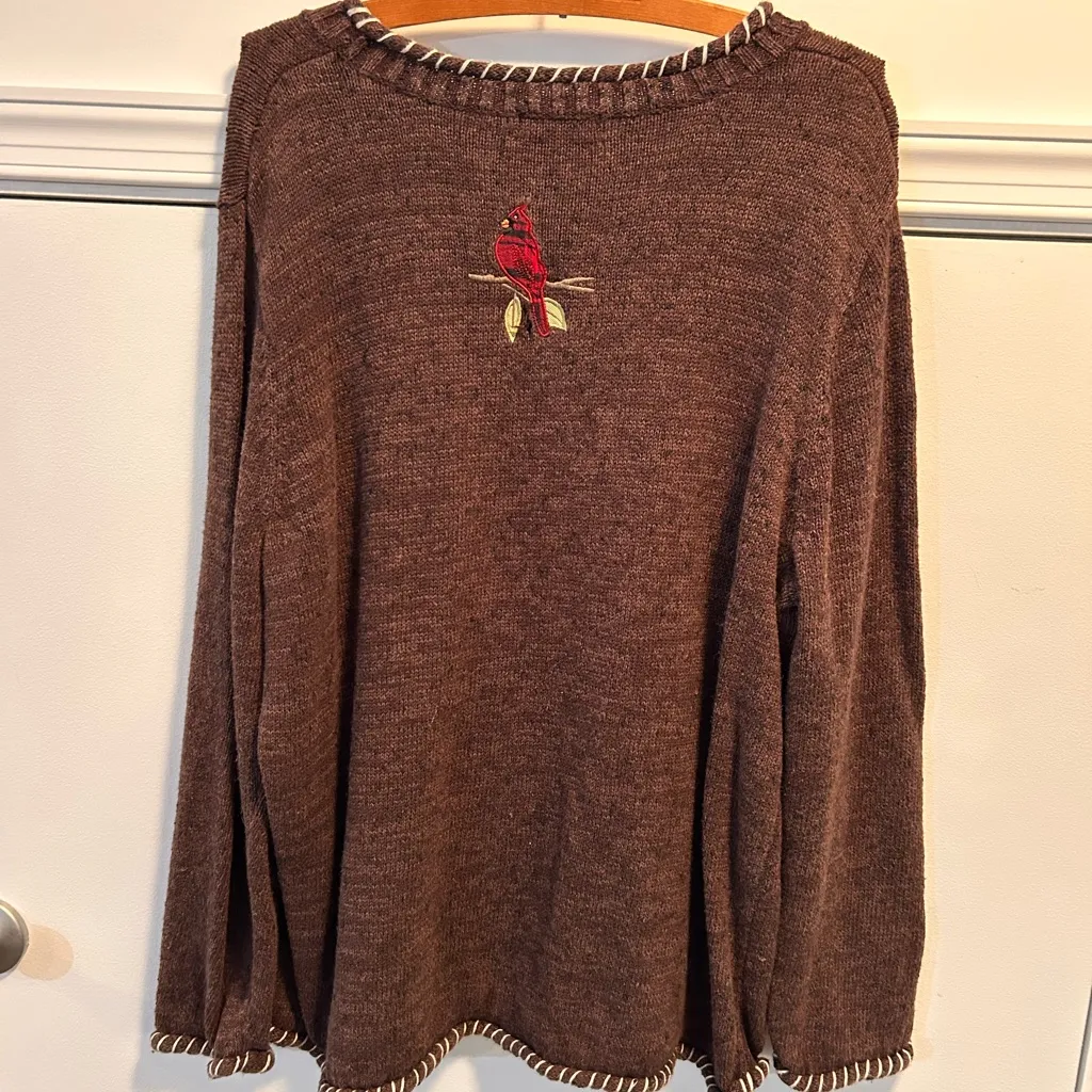 Christopher & Banks CJ Banks Pullover Fall Sweater Hand Embroidered Red Bird 2XL Brown Size XXL - Image 6
