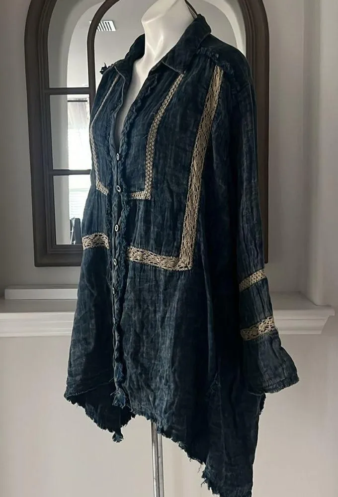 Free People Ranch Wash Textured Shirt, Boho Oversized Indigo Size L New w/Tag - Image 7