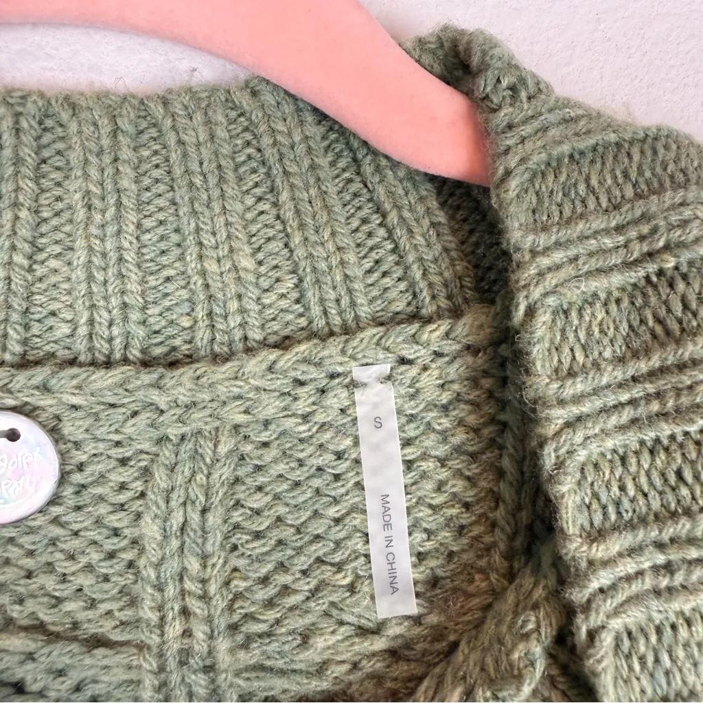 Margaret O’Leary Green Merino Wool Mock Neck Cable Knit Cropped Sweater Small - Image 6