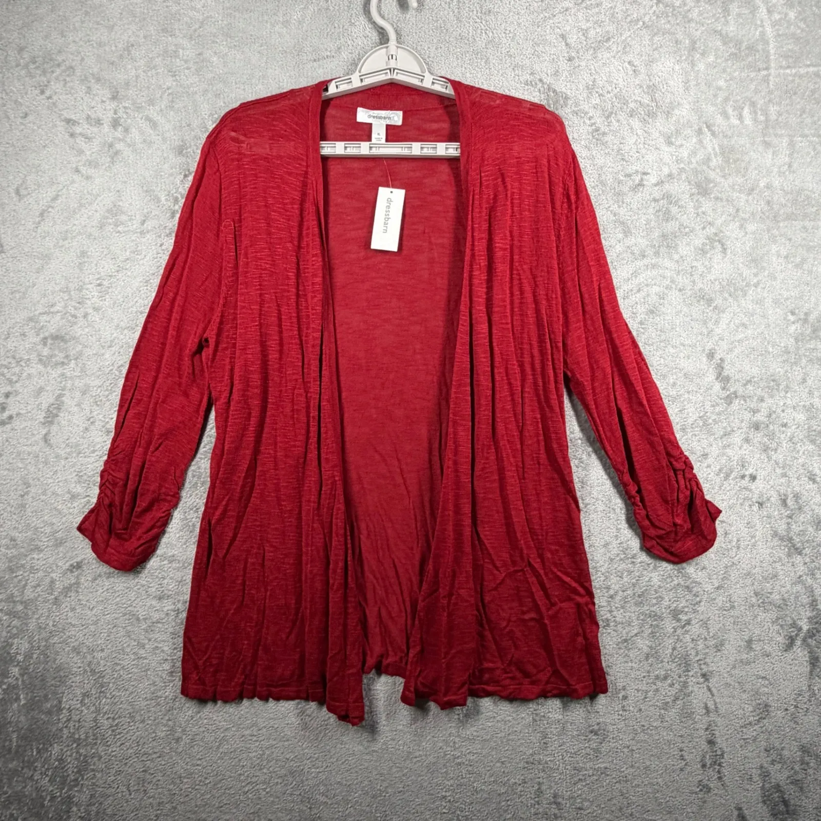 Dressbarn Cardigan XL Red Open Front Knit Shrug Slouchy Ruched Sleeve Cozy Chic - Image 2